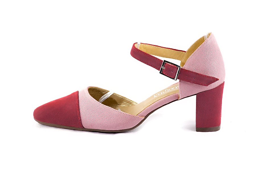 Women's raspberry red and dusty rose pink open side dress shoes, with an instep strap. Round toe. Medium block heels - Profile view